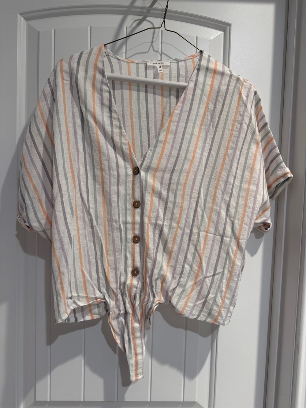 Maurices White Blouse with Peach, Lavender & Sage Stripes
